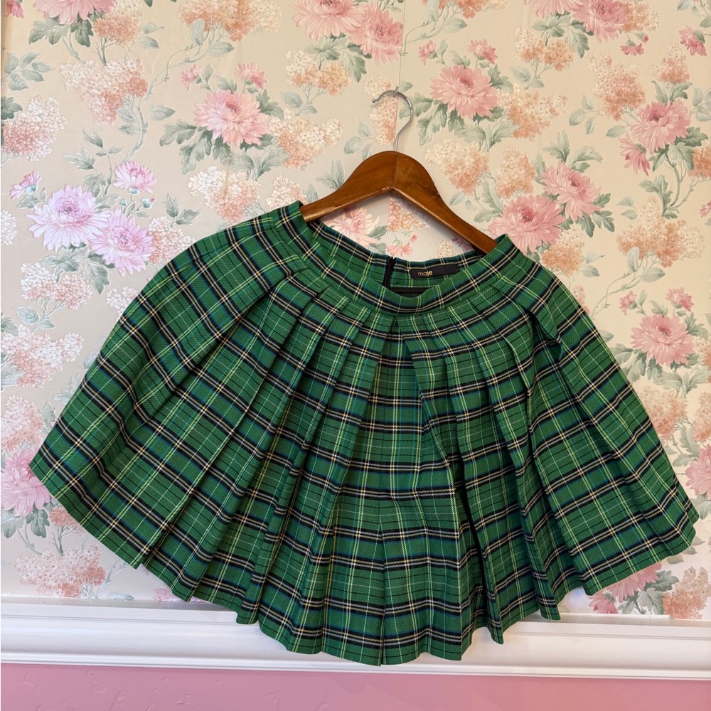 Maje Green Plaid Pleated Skirt